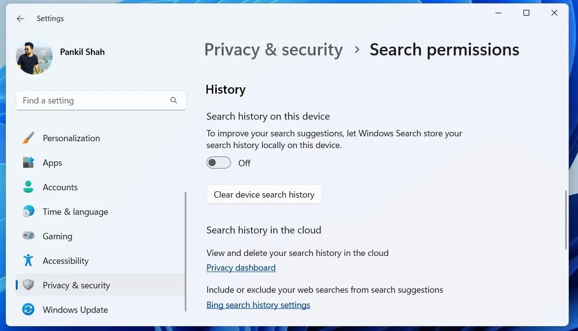 Chuyển đổi lịch sử tìm kiếm trong ứng dụng Cài đặt Windows 11