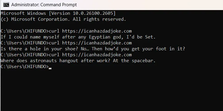 Command Prompt hiển thị một câu truyện cười hài hước (dad joke) được tạo ngẫu nhiên từ trang icanhazdadjoke.com.
