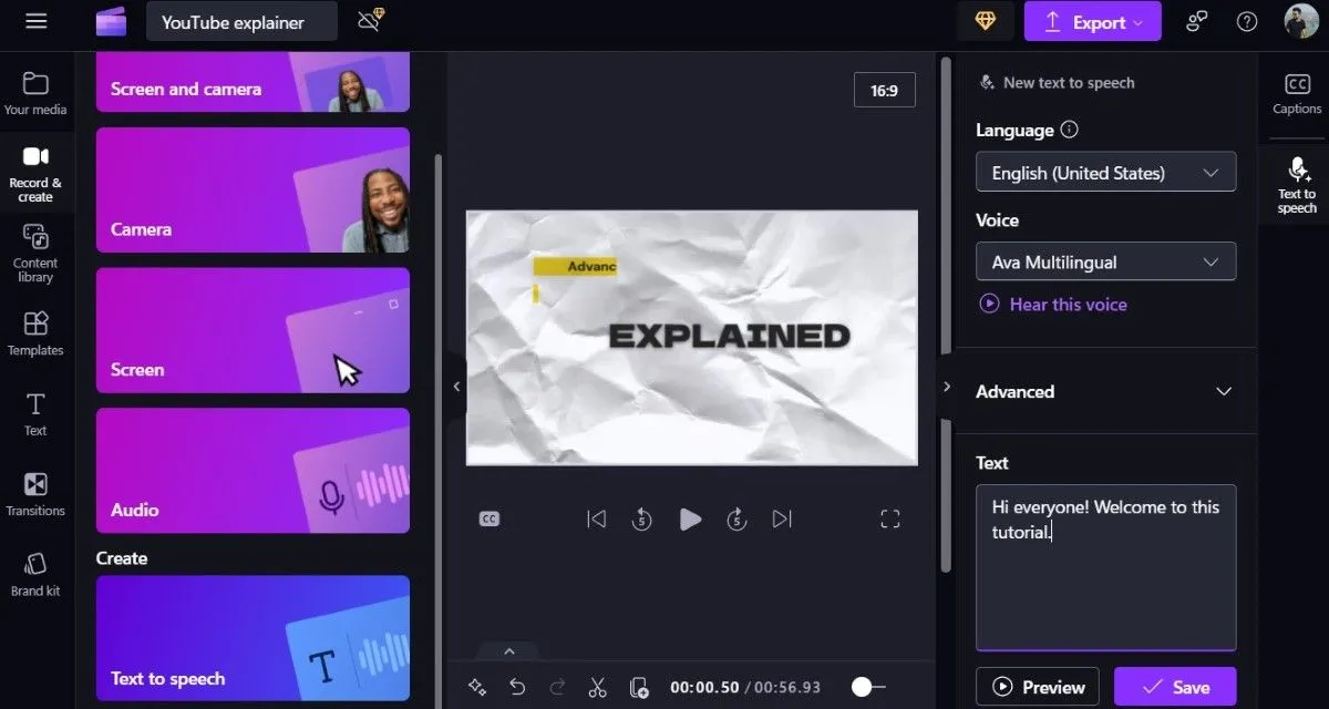 Công cụ chuyển văn bản thành giọng nói của Clipchamp, cho phép tạo thuyết minh video với nhiều lựa chọn ngôn ngữ và giọng điệu.