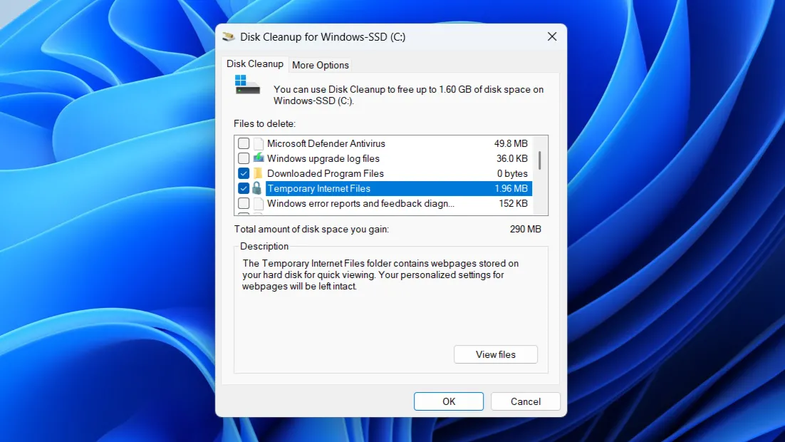 Công cụ Disk Cleanup trên Windows hiển thị các loại tệp có thể dọn dẹp để giải phóng dung lượng