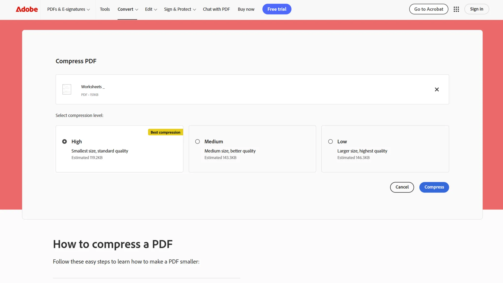 Công cụ nén PDF trực tuyến của Adobe hiển thị các tùy chọn nén