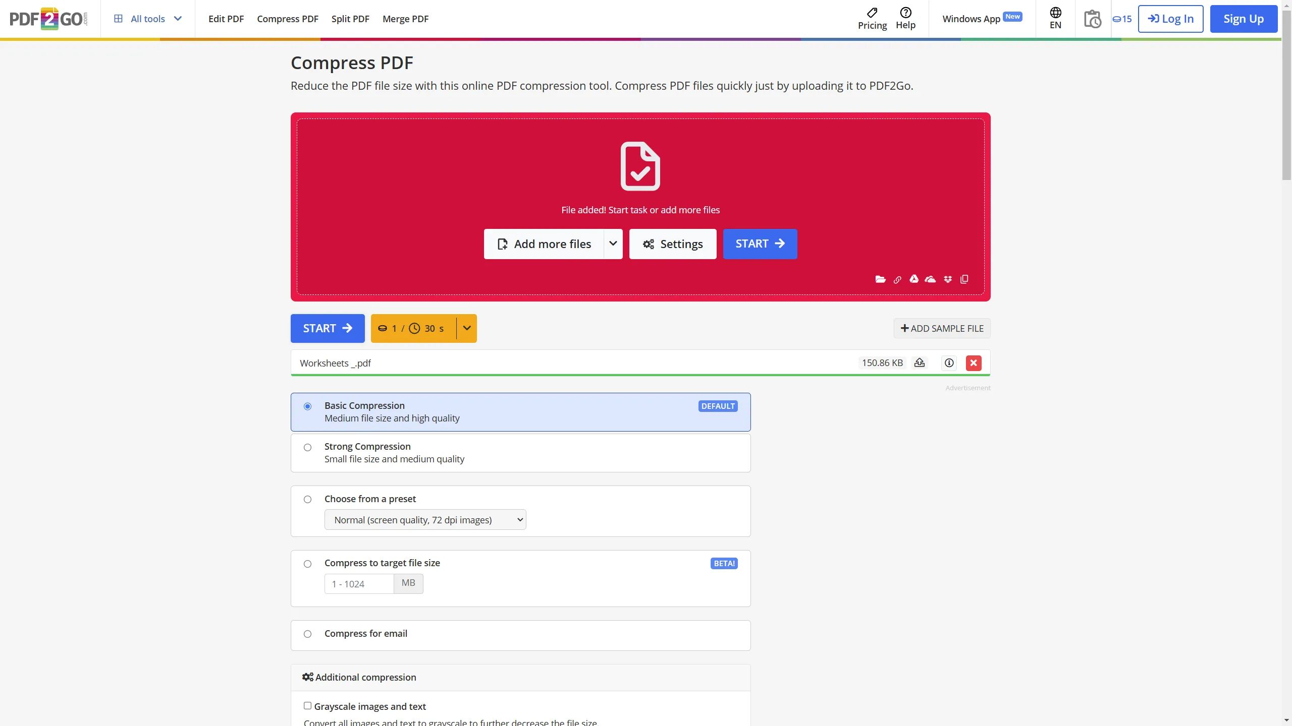 Công cụ nén PDF2Go với các tùy chọn nén khác nhau