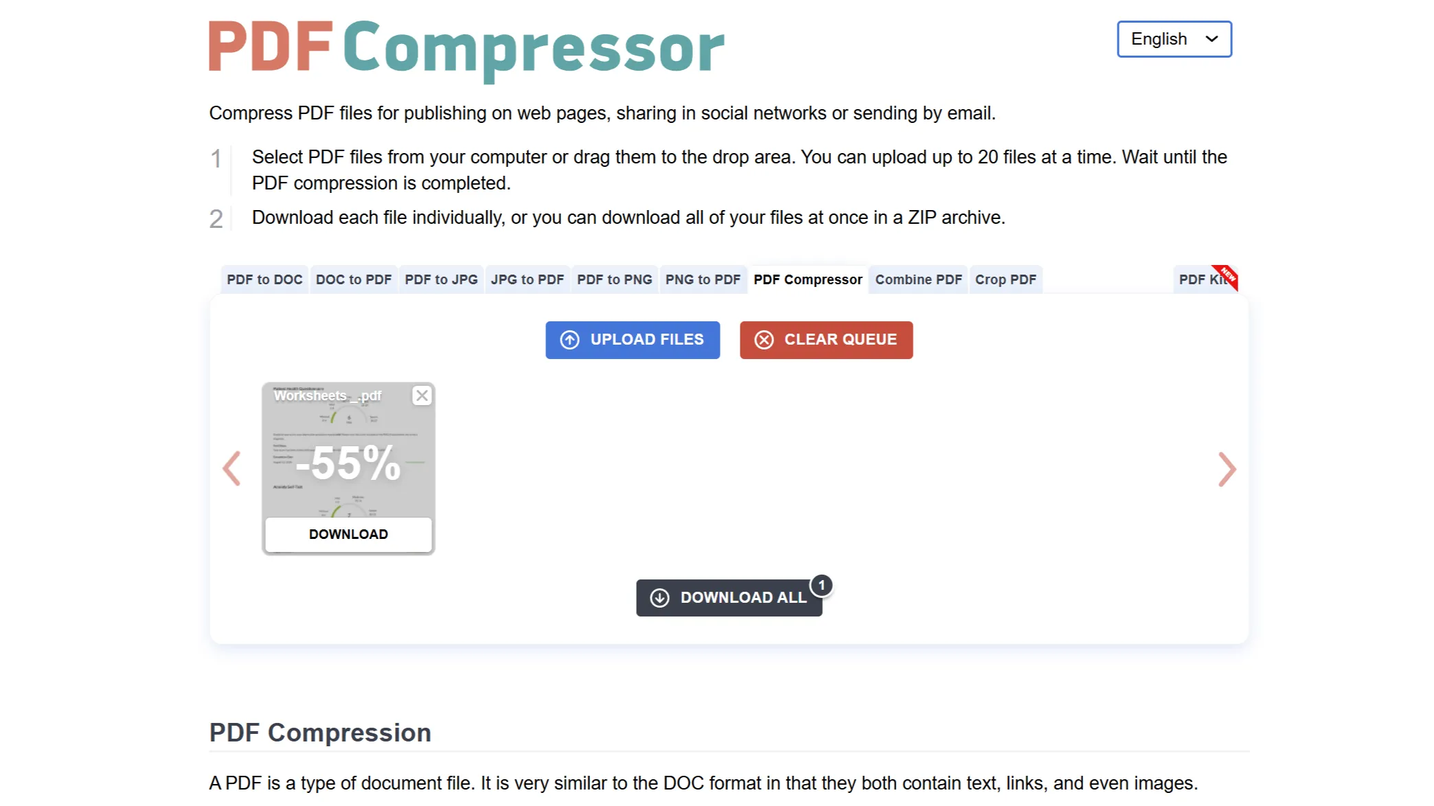 Công cụ PDF Compressor hiển thị phần trăm nén ước tính sau khi xử lý