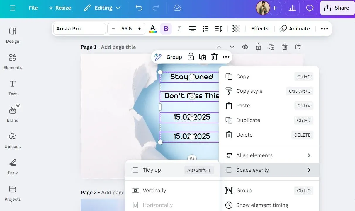 Công cụ &quot;Sắp xếp gọn gàng&quot; (Tidy Up) trong menu ngữ cảnh của ứng dụng Canva trên máy tính, giúp căn chỉnh và phân bổ đối tượng đều