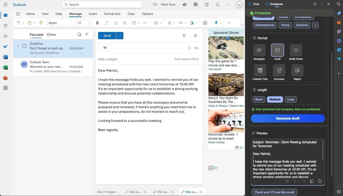 Copilot soạn thảo email theo dõi cuộc họp ngay trong trình duyệt Microsoft Edge