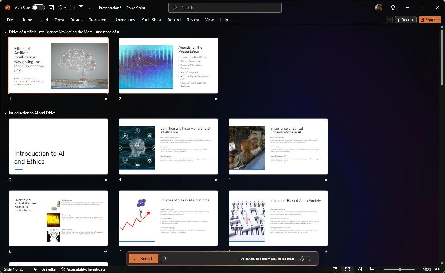 Copilot tự động tạo nội dung và bố cục cho các slide về chủ đề đạo đức AI trong PowerPoint