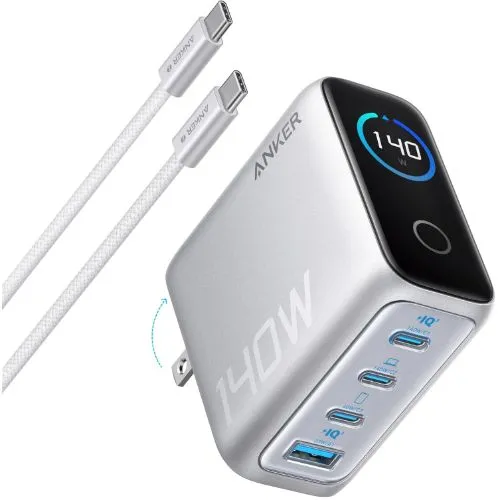 Củ sạc Anker 140W đa năng màu xám với 4 cổng sạc và màn hình hiển thị