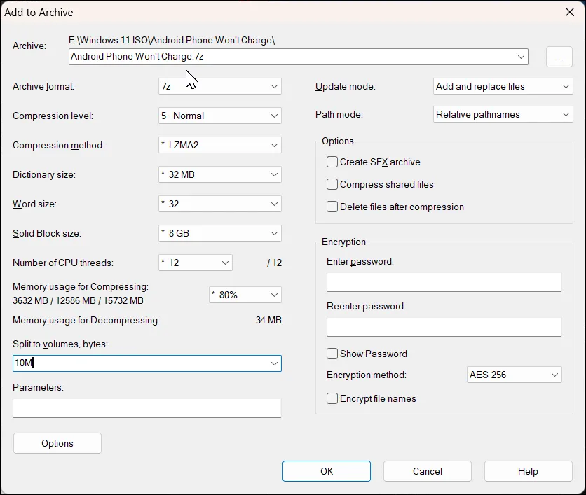 Cửa sổ 7-Zip Add to Archive trên Windows 11 với tùy chọn Split to volumes để chia file