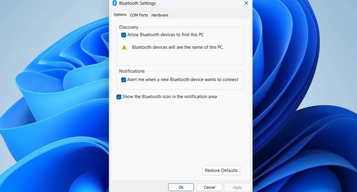 Cửa sổ cài đặt Bluetooth và thiết bị hiển thị tùy chọn biểu tượng Bluetooth