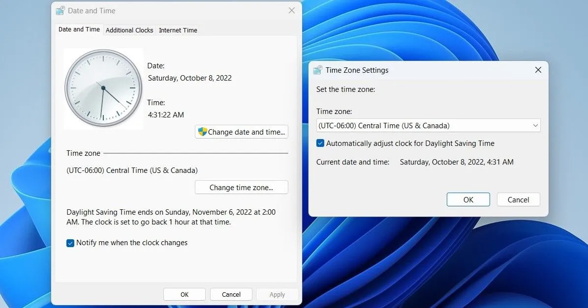 Cửa sổ cài đặt Ngày &amp; Giờ và Múi giờ trên Windows để điều chỉnh giờ mùa hè tự động