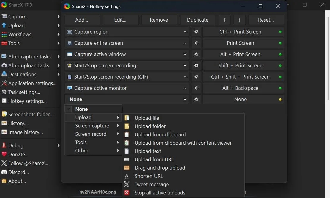Cửa sổ cài đặt phím tắt (hotkey) của ứng dụng ShareX