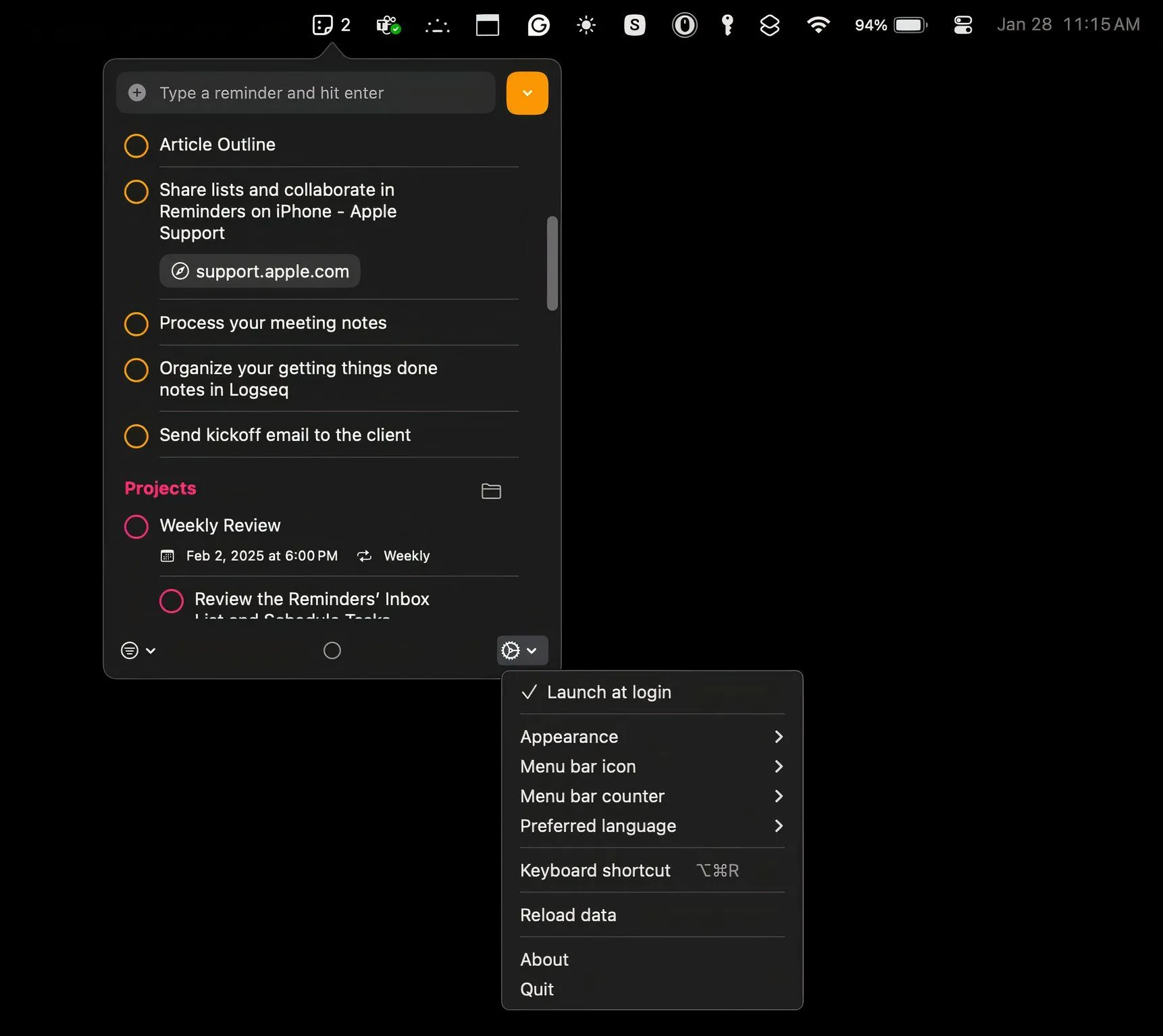 Cửa sổ cài đặt tùy chỉnh của ứng dụng Reminders MenuBar trên Mac