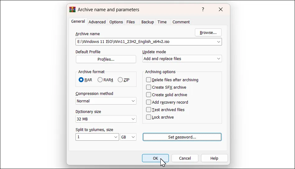 Cửa sổ cài đặt WinRAR Add to archive trên Windows 11 với tùy chọn chia dung lượng file