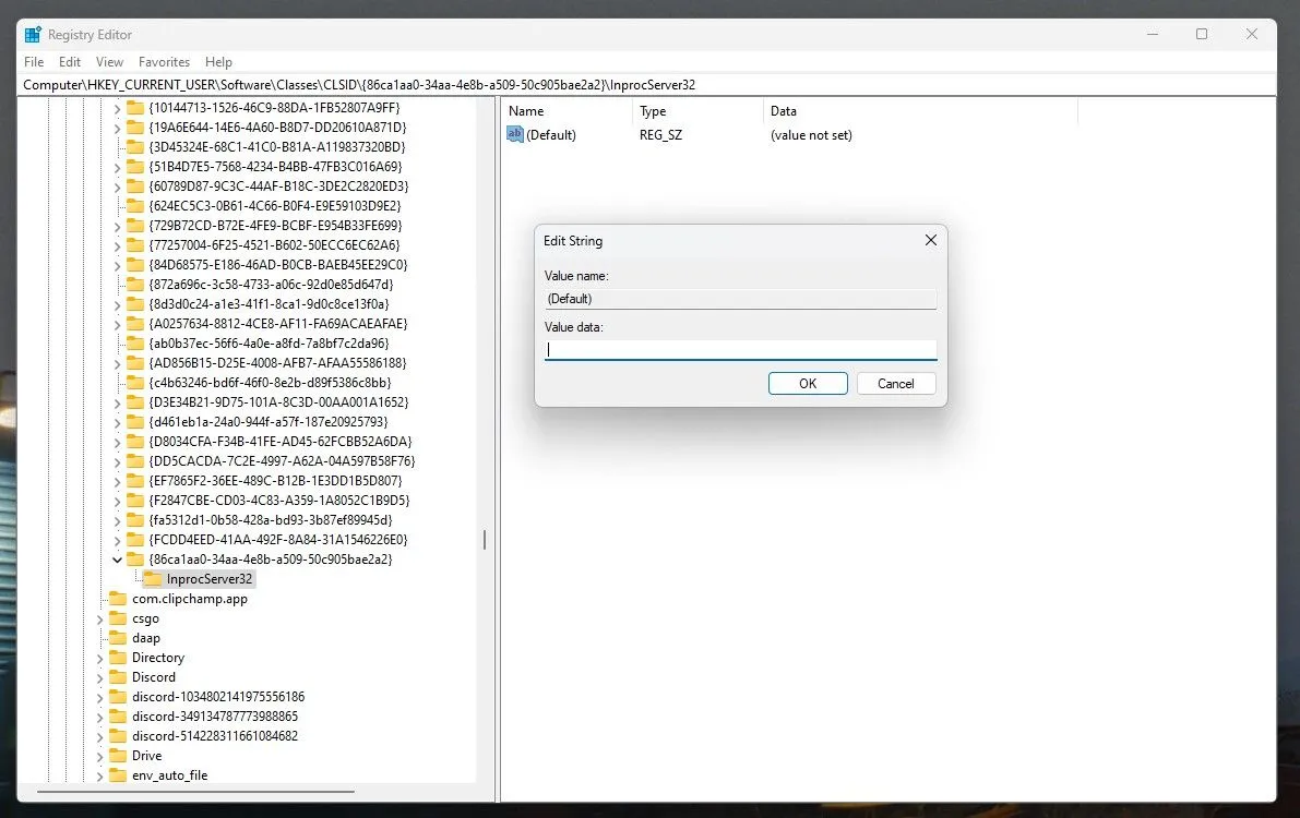 Cửa sổ chỉnh sửa giá trị mặc định của khóa InprocServer32 trong Registry Editor