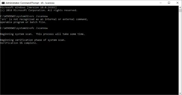 Cửa sổ Command Prompt đang chạy lệnh SFC /scannow để sửa lỗi hệ thống