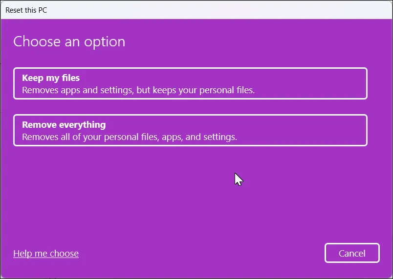 Cửa sổ Đặt lại PC với các tùy chọn khôi phục cài đặt gốc trong Windows 11