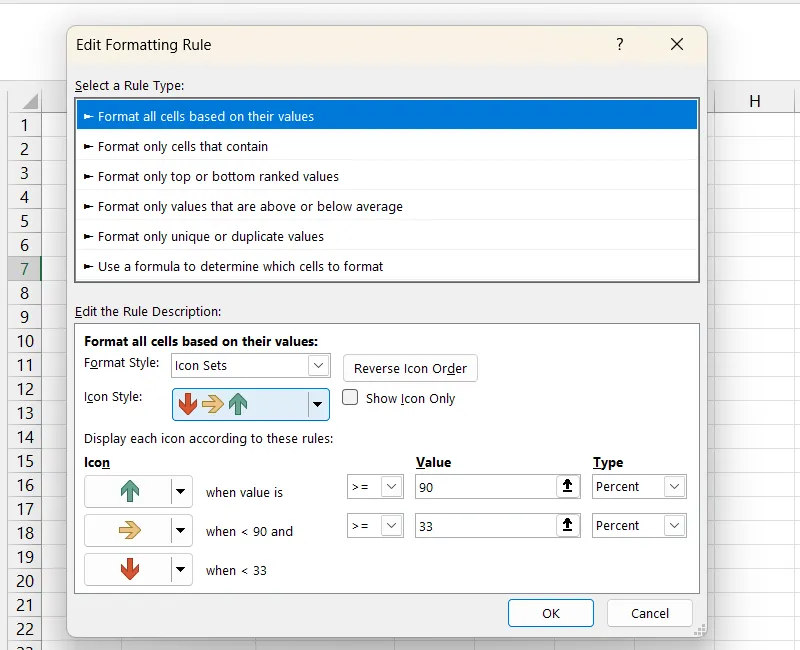 Cửa sổ Edit Formatting Rule (Chỉnh sửa Quy tắc Định dạng) để thiết lập giá trị hiển thị cho các biểu tượng xu hướng trong Excel.