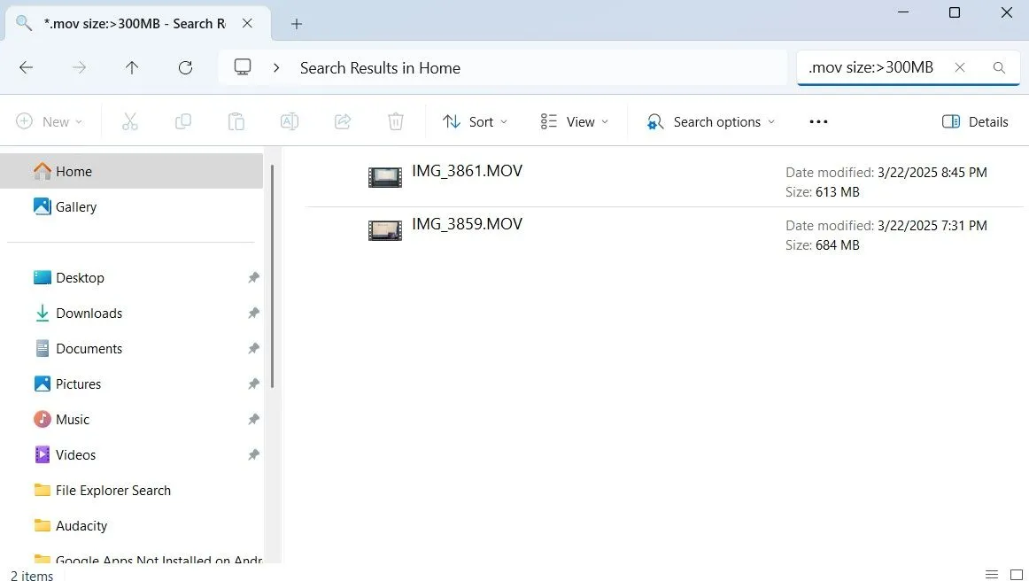 Cửa sổ File Explorer minh họa kết quả tìm kiếm các tệp video .MOV có dung lượng lớn hơn 300MB.