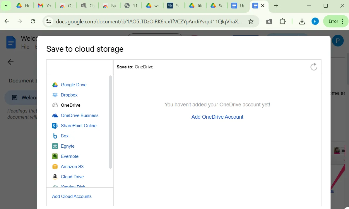 Cửa sổ &quot;Lưu vào dịch vụ đám mây&quot; trong Chrome, minh họa cách tiện ích Backup and Sync giúp đồng bộ file Google Drive với các nền tảng lưu trữ khác.