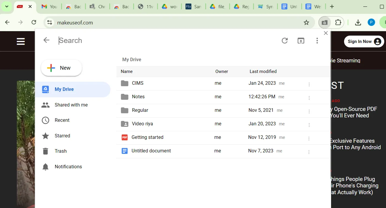 Cửa sổ popup của tiện ích Checker Plus hiển thị nội dung Google Drive, cho phép truy cập và quản lý file nhanh chóng ngay trên trình duyệt.