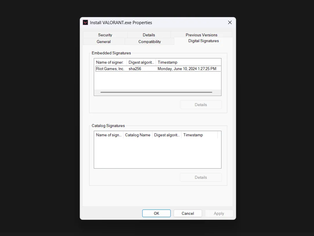 Cửa sổ Properties hiển thị tab Digital Signatures của một ứng dụng, ví dụ Valorant