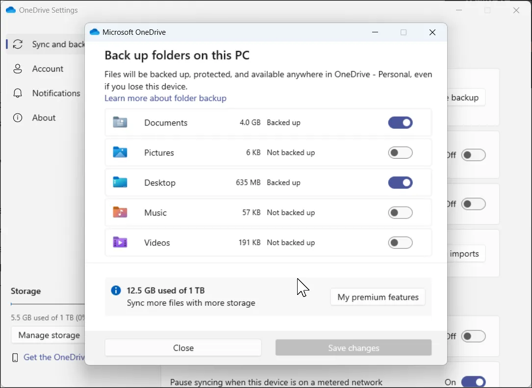 Cửa sổ quản lý cài đặt sao lưu thư mục của OneDrive trong Windows 11