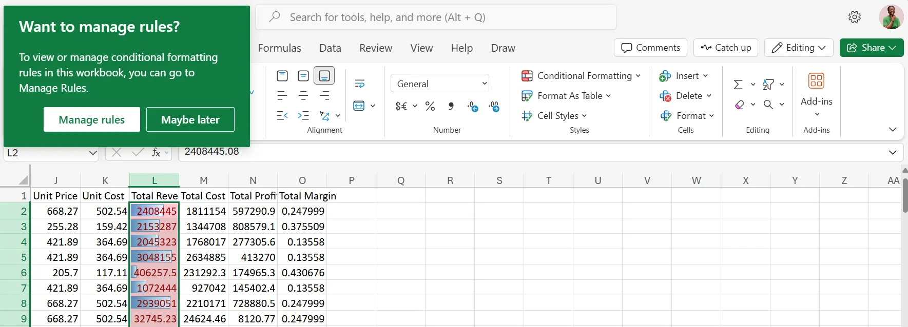 Cửa sổ quản lý quy tắc định dạng có điều kiện (Manage Rules) trong Excel Online khi kích hoạt Data Bars
