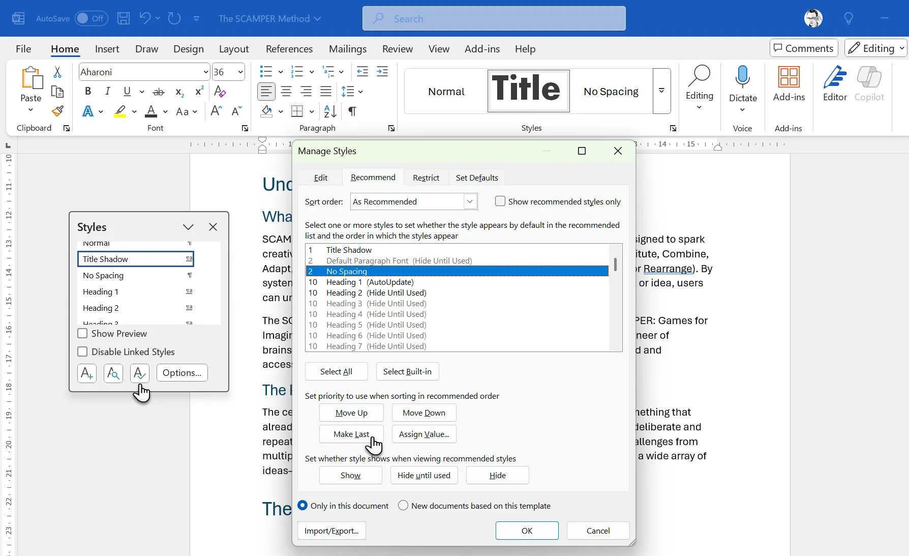 Cửa sổ quản lý và sắp xếp lại thứ tự Styles trong Microsoft Word
