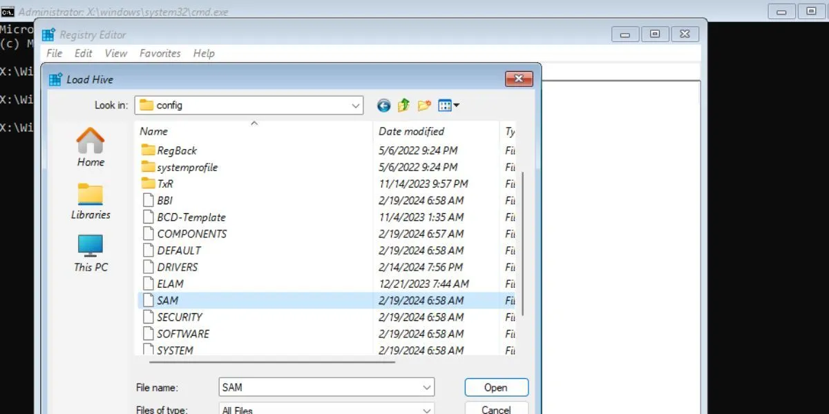 Cửa sổ Registry Editor hiển thị tùy chọn chọn tệp SAM để tải Hive, một bước quan trọng để truy cập vào cấu hình tài khoản người dùng.
