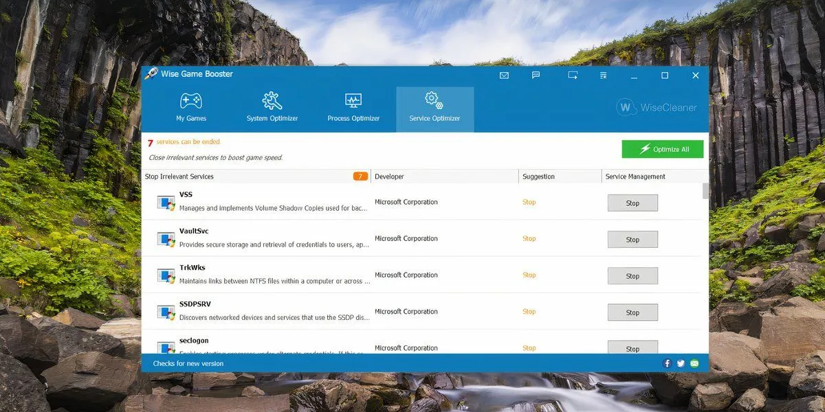 Cửa sổ Service Optimizer trong Wise Game Booster trên Windows 11