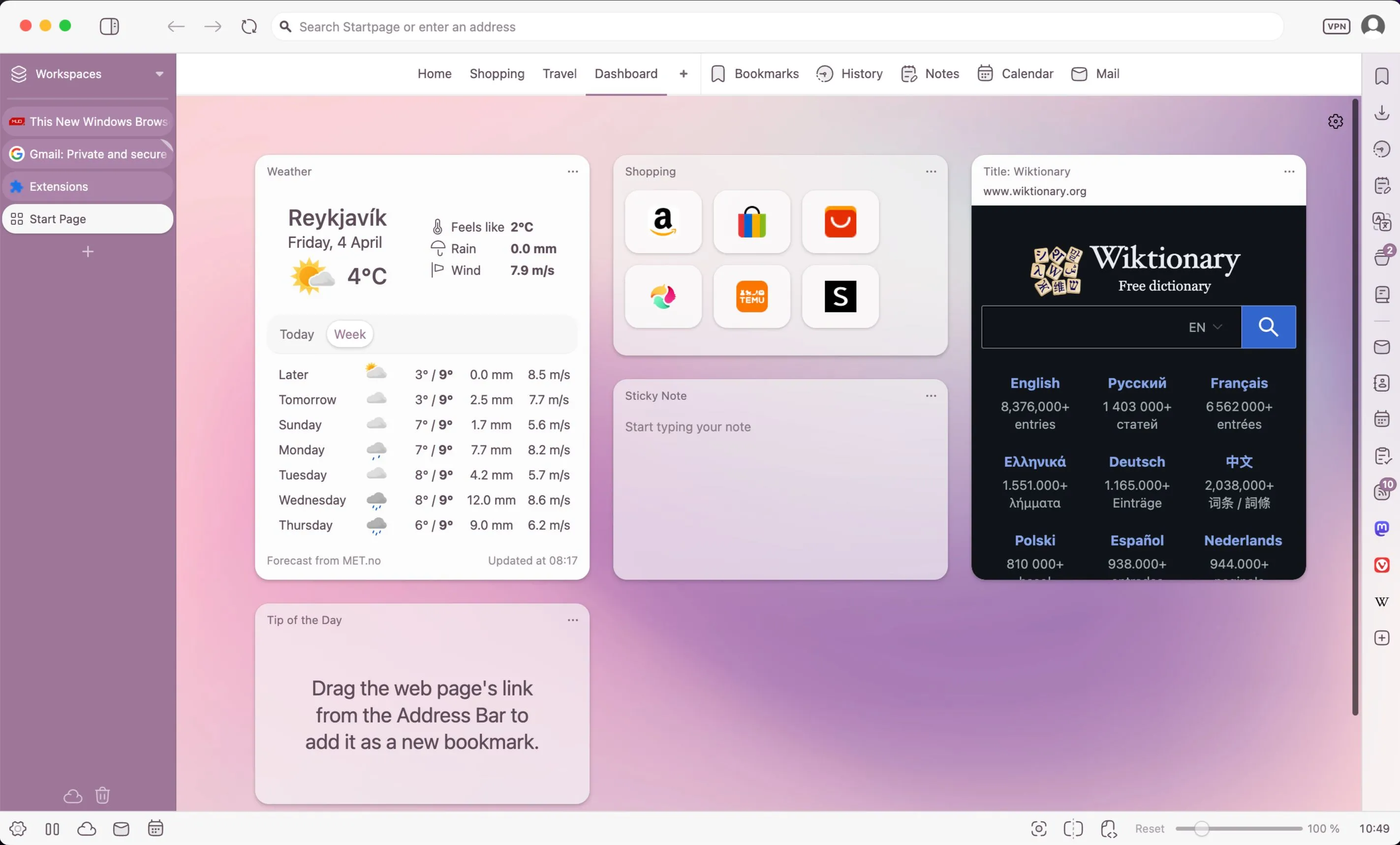 Cửa sổ tab mới của trình duyệt Vivaldi hiển thị bảng điều khiển (dashboard) tùy chỉnh, thể hiện khả năng cá nhân hóa mạnh mẽ.