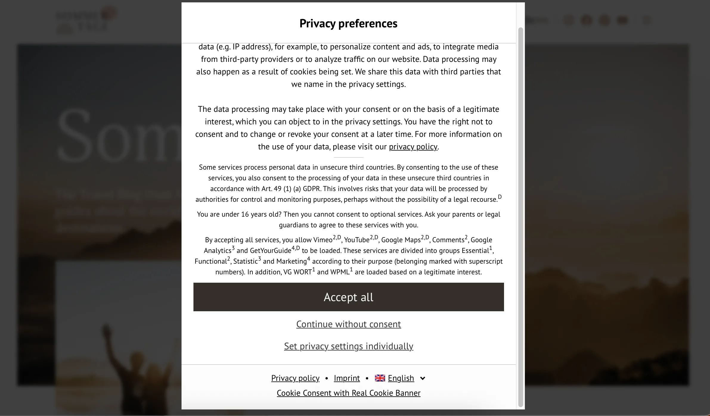 Cửa sổ thông báo yêu cầu chấp nhận cookie trên một website khi truy cập bằng Safari
