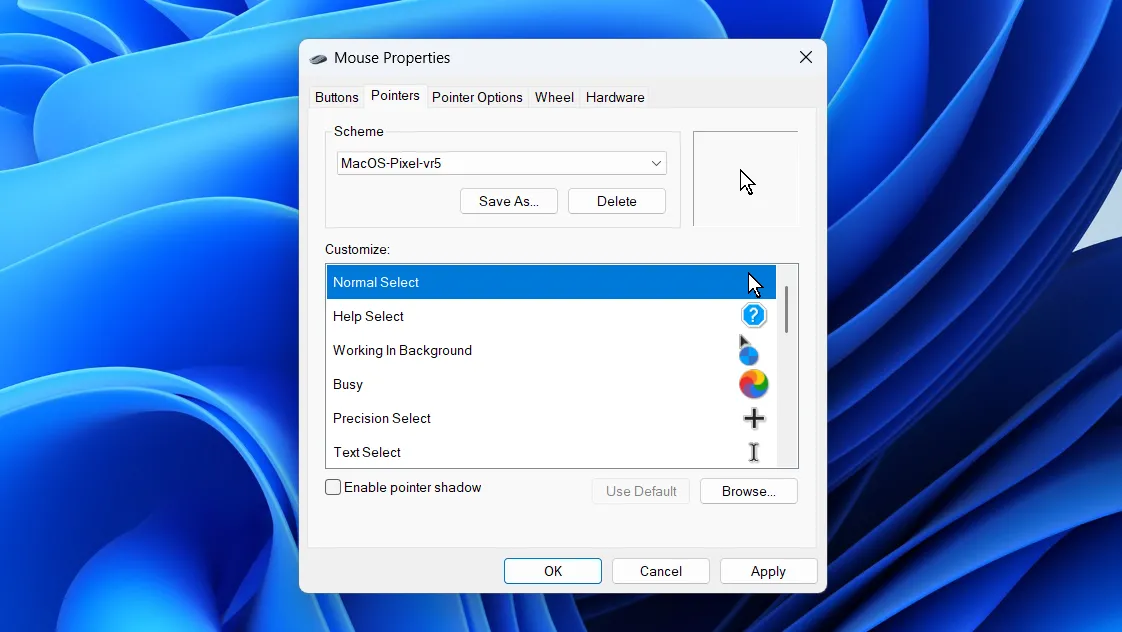 Cửa sổ Thuộc tính Chuột (Mouse Properties) cổ điển trong Windows 11 để điều chỉnh con trỏ và tốc độ