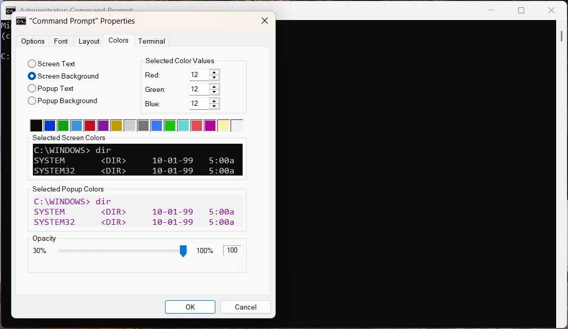 Cửa sổ Thuộc tính của Command Prompt trên Windows, cho phép tùy chỉnh màu sắc, font chữ và bố cục.