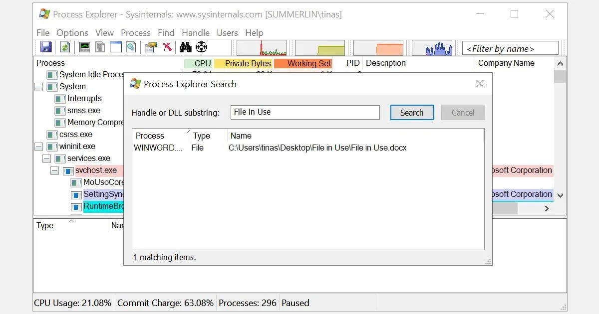 Cửa sổ tìm kiếm trong Process Explorer hiển thị kết quả các tiến trình đang truy cập một tệp cụ thể.