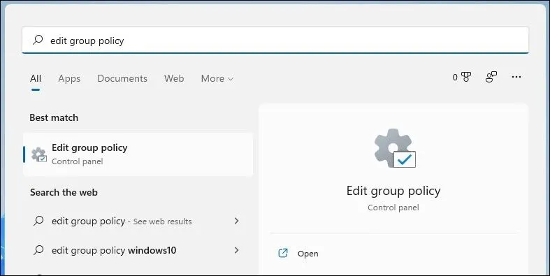 Cửa sổ tìm kiếm Windows 11 hiển thị kết quả tìm kiếm 'edit group policy' và 'gpedit'