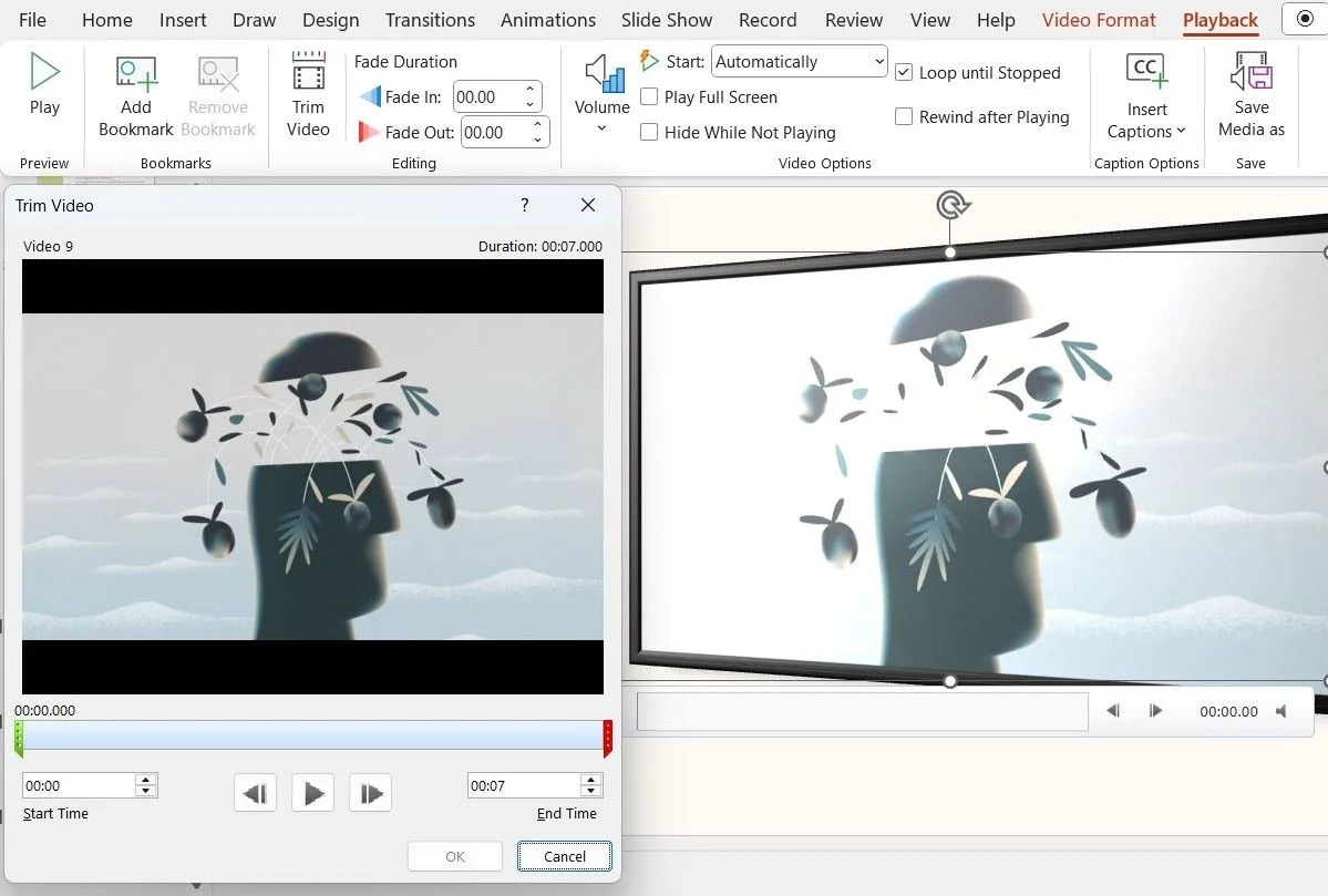 Cửa sổ Trim Video trong PowerPoint cho phép người dùng cắt bỏ phần đầu hoặc cuối của video, điều chỉnh thời lượng phát.