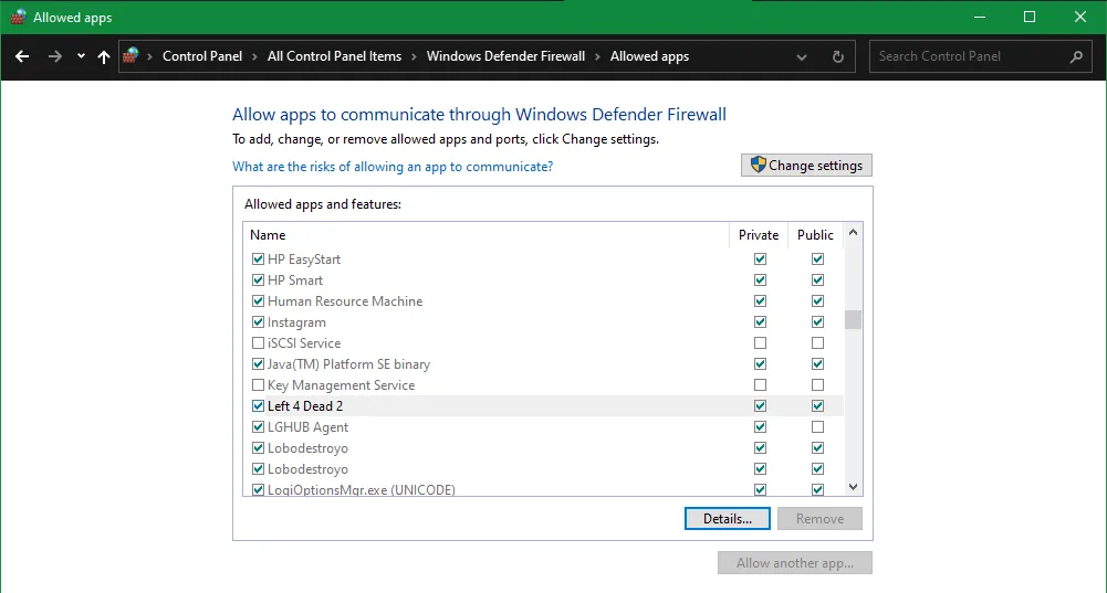 Cửa sổ Tường lửa Windows Defender với tùy chọn Cho phép ứng dụng qua Tường lửa.