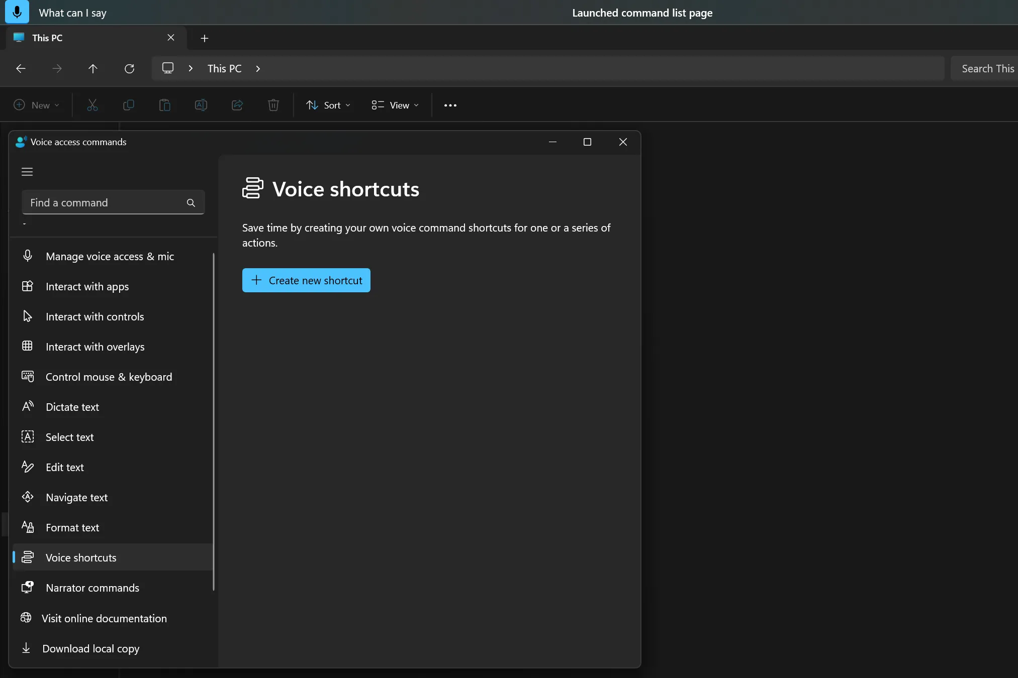 Cửa sổ tùy chỉnh phím tắt giọng nói trong cài đặt Voice Access Windows 11