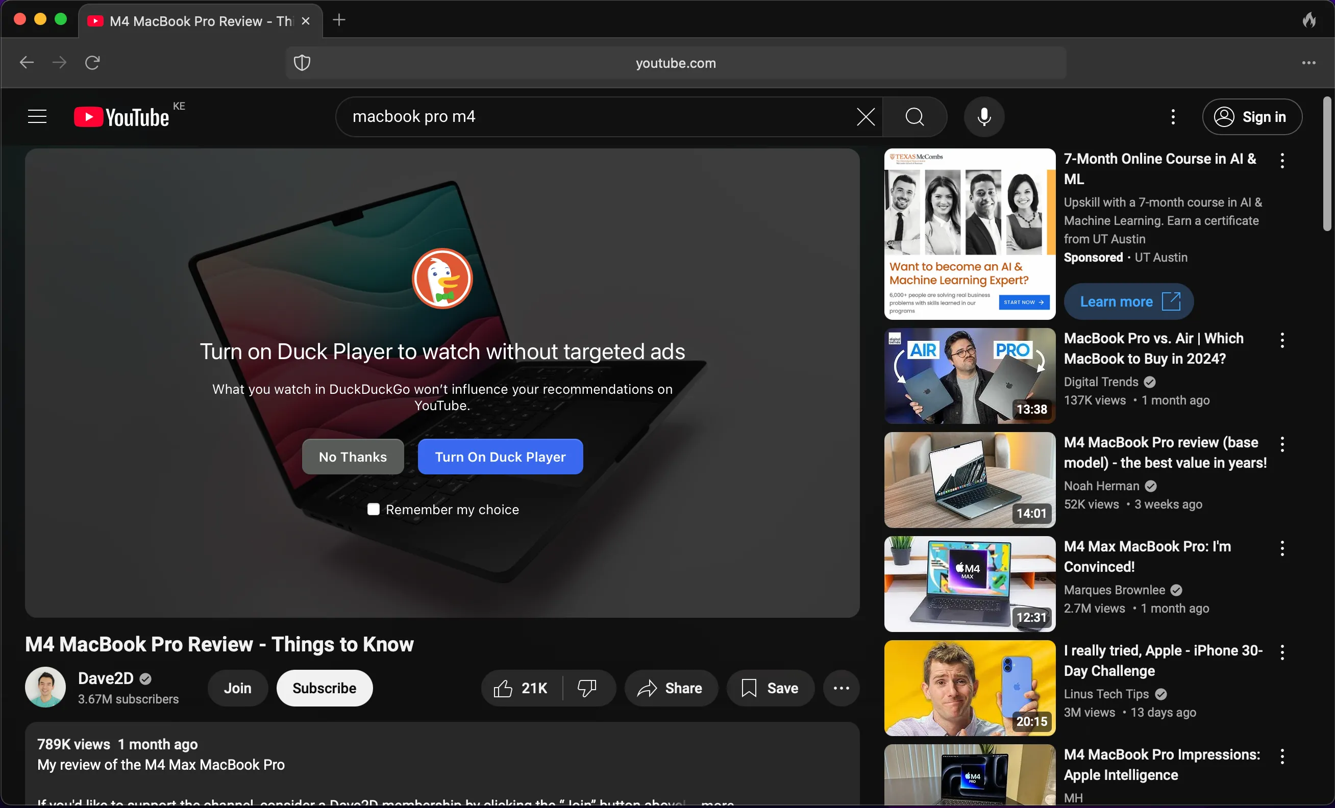 Cửa sổ tùy chọn Duck Player trong trình duyệt DuckDuckGo khi xem YouTube