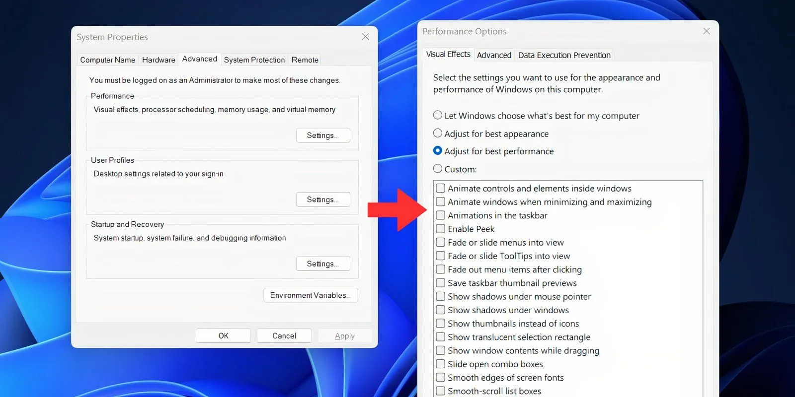 Cửa sổ "Tùy chọn Hiệu suất" Windows 11, với lựa chọn "Điều chỉnh cho hiệu suất tốt nhất"
