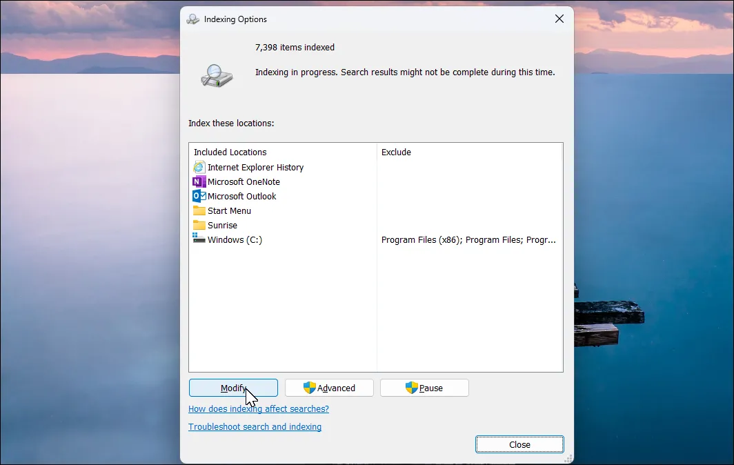 Cửa sổ tùy chọn Indexing trên Windows 11 giúp tăng tốc tìm kiếm file