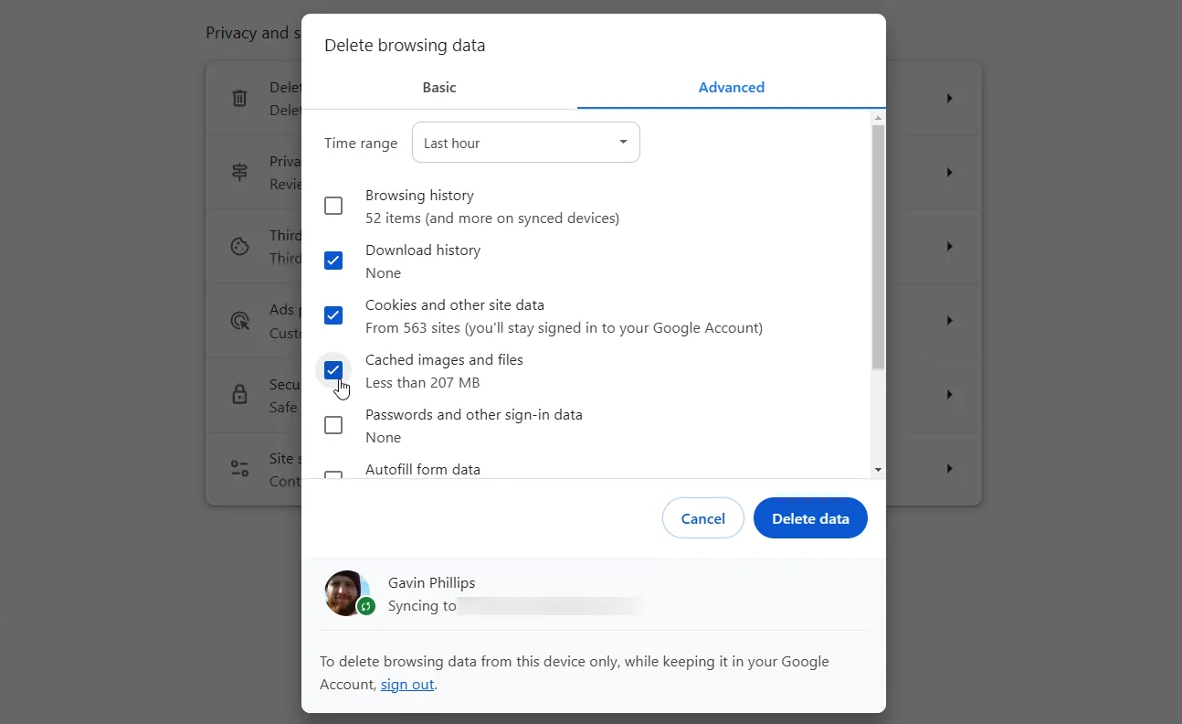 Cửa sổ tùy chọn xóa dữ liệu duyệt web của Google Chrome, bao gồm bộ nhớ đệm và cookie, giúp tối ưu hiệu suất.