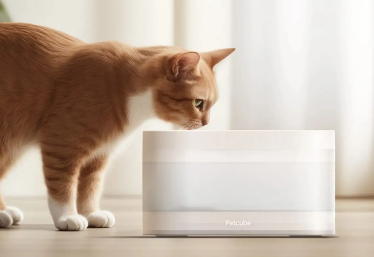 Đài phun nước lọc Petcube cho thú cưng với thiết kế hiện đại, một chú mèo đang uống nước.