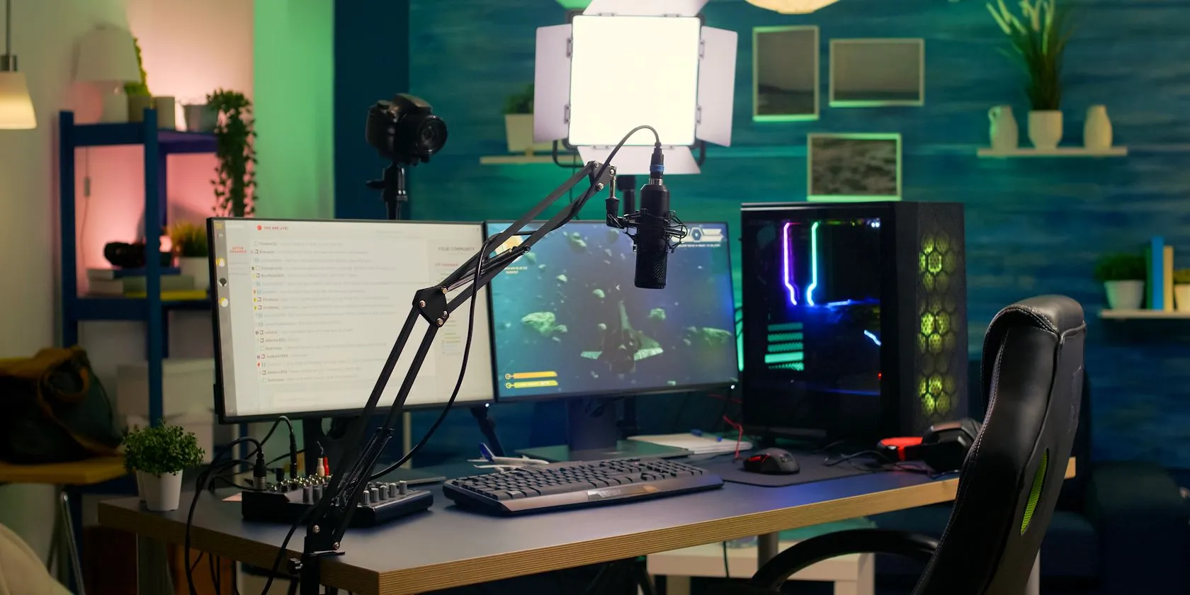 Dàn máy tính để bàn chơi game hoặc streaming với nhiều màn hình, cho thấy tính chất cố định giúp giảm hao mòn