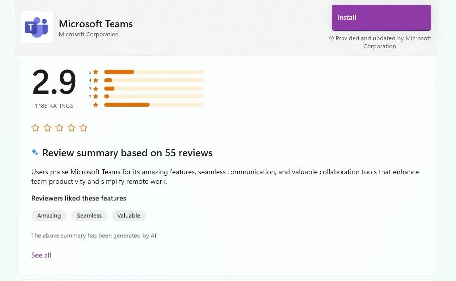Đánh giá trung bình 2.9 sao của Microsoft Teams trên Microsoft Store.