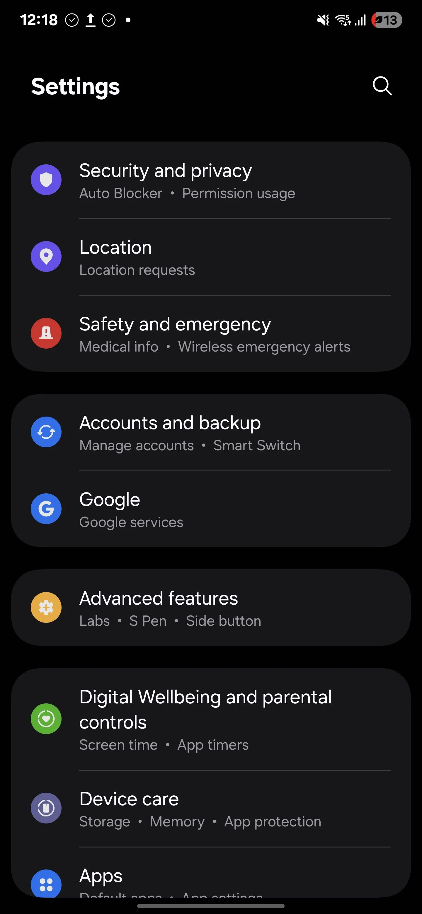 Danh sách các dịch vụ định vị trong menu Cài đặt Samsung