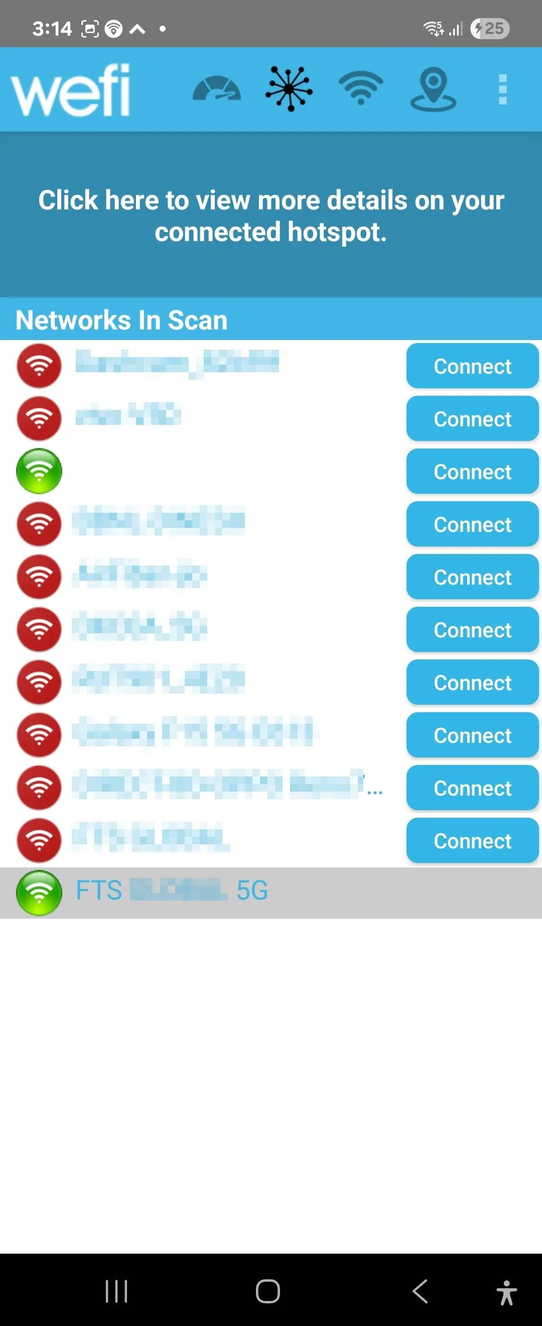 Danh sách các điểm phát sóng Wi-Fi khả dụng hiển thị trong ứng dụng WeFi trên Android