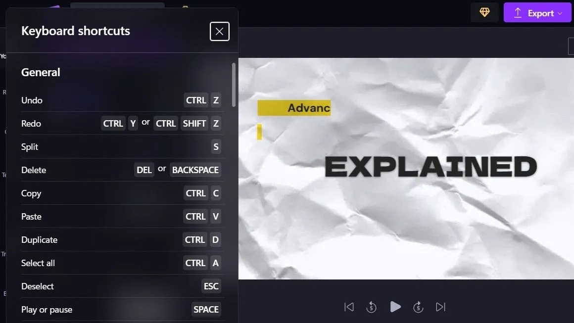Danh sách các phím tắt bàn phím trong Microsoft Clipchamp, giúp tăng tốc độ làm việc và chỉnh sửa video hiệu quả.