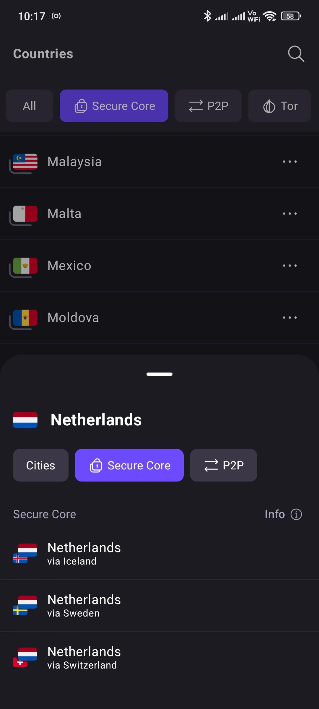 Danh sách các quốc gia có máy chủ Secure Core trong ứng dụng Proton VPN, tăng cường lớp bảo vệ.